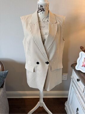 Anthropology Sleeveless Pinstripe Blazer Vest in Cream with Black Buttons